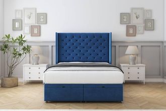 Sloomy Dior Plush Ottoman Bed Set With 54 Wingback Headboard in Navy | Size: King