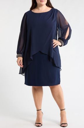 S.L. Fashions Beaded Overlay Long Sleeve Chiffon Cocktail Dress in Navy at Nordstrom, Size 14W