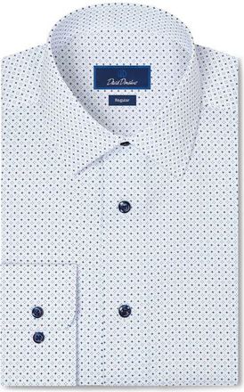 David Donahue Trim Fit Printed Cotton Shirt in White/navy at Nordstrom, Size 17.5