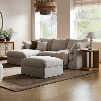 Castlery Agnes Slipcover Storage Chaise Sectional Sofa with Ottoman, Grey, Multifunctional Style