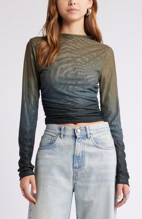 Open Edit Ruched Mock Neck Mesh Top in Olive Multi Ombre at Nordstrom, Size Small