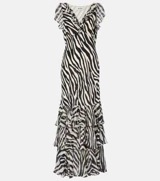 Rixo Amelle zebra-print ruffled silk maxi dress