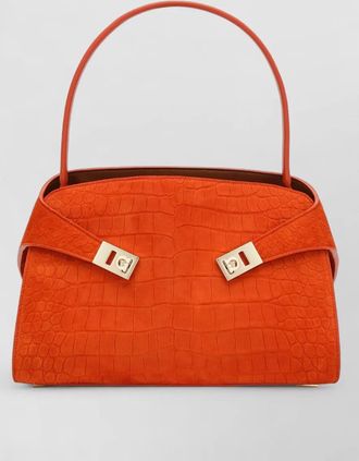 Ferragamo crocodile texture top handle bag hardware