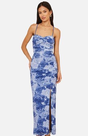 Yumi Mesh Ruched Midi Dress in Blue at Nordstrom, Size 10