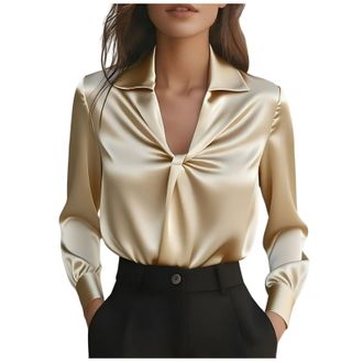 Generic Satin Blouse for Women Casual Loose Long Sleeve Tops Ladies Silk Top Baggy Tshirts Shirts Work Office Elegant Tunic Blouses Casual Evening Going Out S