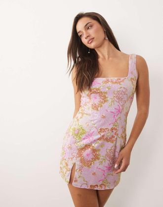 Missy Empire Vestito corto con scollo squadrato e spacco laterale con paillettes e stampa a fiori multicolore