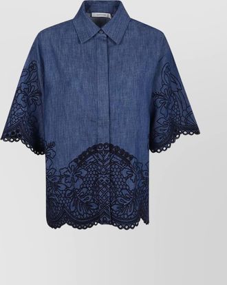 Zimmermann denim shirt with floral embroidery and collared neck