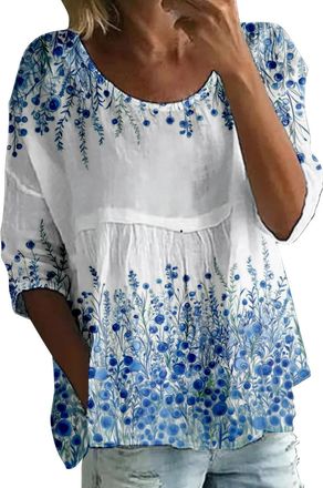 Generic Smock Tops for Women UK, Linen Tops for Women UK, 3/4 Sleeve Crew Neck Boho T-Shirts Elegant Floral Print Blouses Breathable Lightweight Shirts Linen 