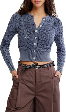 Free People Pretty in Cotton Pointelle Cardigan in Navy Academy at Nordstrom, Size X-Small