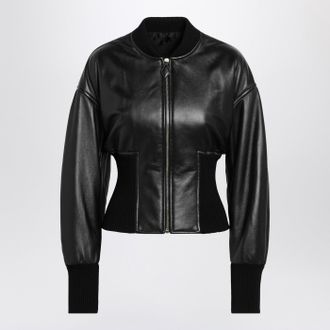 Alaia Black leather bomber jacket with band detail