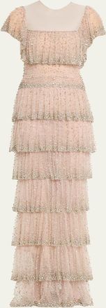 Costarellos Jesenia Crystal Ruffle Square-Neck Illusion Gown