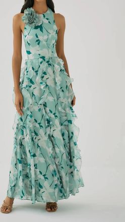 Hutch Loulou Halter Dress In Green/ivory Watercolor Vining Daffodils