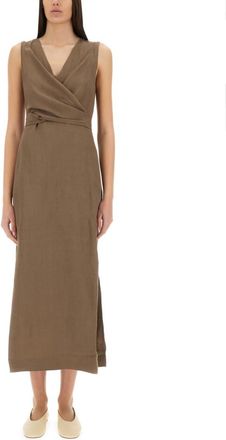 Brunello Cucinelli Brown Solid V Neck Midi Dress