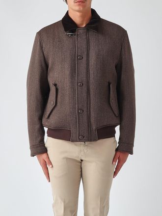 Fay Chevron Pattern Wool Bomber Jacket with Ribbed Velvet Collar