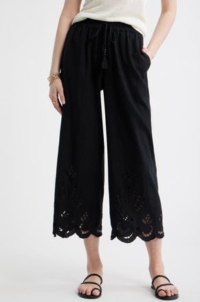 Treasure & Bond Cutwork Hem Linen Blend Pull-On Pants in Black at Nordstrom, Size Xx-Small