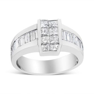 House of Brilliance 14K White Gold 2 3/4 Cttw Invisible-Set Princess and Channel-Set Baguette Diamond Step Up Cocktail Ring