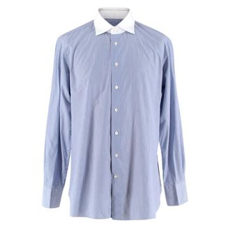 Emanuele Maffeis Blue & White Striped Cotton Tailored Shirt Size XL