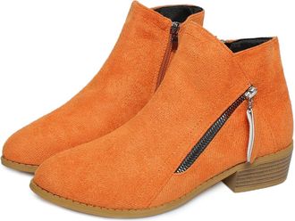 Generic Women Faux Suede Pointed Toe Ankle Booties - Classic Western Cowboy Low Heeled Shoes - Vintage Comfy Slip on Boot (orange-red,8.5)
