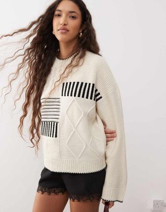 Miss Selfridge Maglione lavorato a trecce con motivo patchwork-Bianco