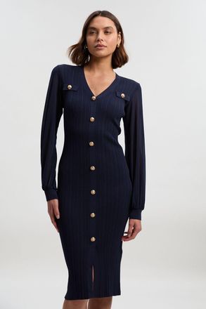 Karen Millen Womens Viscose Blend Rib Knit Chiffon Sleeve Midi Dress - Navy - Size X-Small