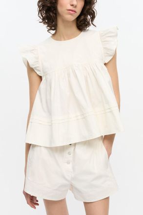 Ganni White Stretch Cotton Frill Sleeve Top - Size 36 Organic