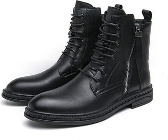 Generic Mens Round Toe Military Combat Boots Lace Up Short Boots with Side Zipper PU Leather Business Dress Shoes,Black,6.5 UK