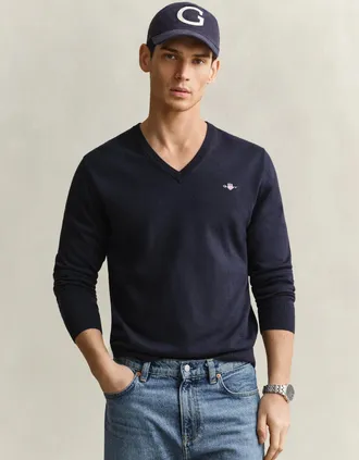 GANT Mens GANT Mens Classic Cotton Shield Logo V-Neck Jumper - 433 Evening Blue - Navy - Size: 38