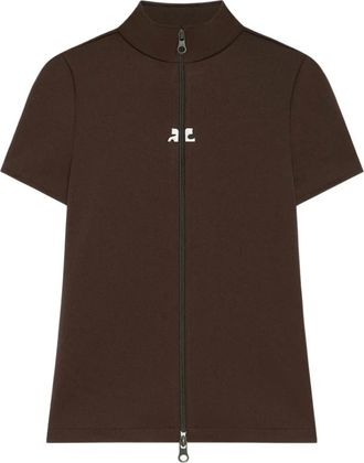 Courrèges Tops, Dames, Bruin, XS, Polyester, Bruin Chocolade Rits Hoge Kraag Top