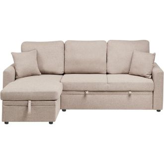 Beliani Corner Sofa Bed 3 Seater NASSJO Faux Linen Light Brown Right Hand