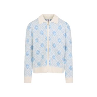 Casablanca Light Blue Monogram Zip Up Merino Wool Sweater-Uomo