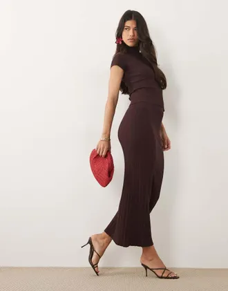 4th & Reckless Gonna lunga in maglia a coste color cioccolato in coordinato-Marrone