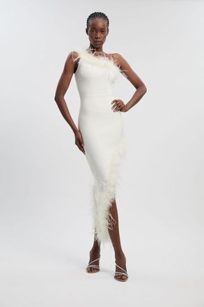 Karen Millen Womens Feather Figure Form Bandage Knit Maxi Dress - White - Size X-Small