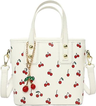 Generic Women PU Cherry Shoulder Bag Adjustable Strap Stylish Crossbody Bag with Cherry Pendant Simple Messenger Bag Aesthetic Handbag (White)
