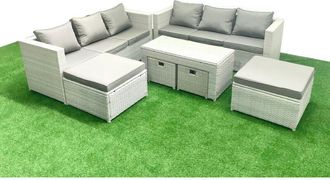 Fimous Rattan Garden Furniture Set Outdoor Lounger Sofa with Coffee Table 4 Footstools Light Grey Mixed 10 Seater - Fimous