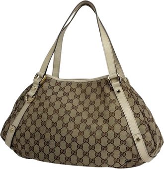 Gucci Beige Brown Gg Canvas Leather Shoulder Bag Tote Bag (Pre-Owned)