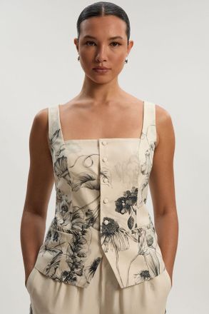 Karen Millen Womens Petite Viscose Linen Scenic Placed Print Strappy Top - Monochrome Multi - Size 10 UK