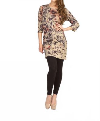 Papillon Watercolor Floral Print 3/4 Sleeve Sweater Dress In Beige