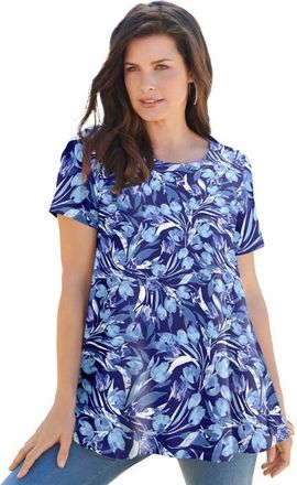 Roaman's Plus Size Ultimate Cotton Crewneck Short Sleeve Swing Tee in Navy Watercolor Tulip at Nordstrom, Size Medium