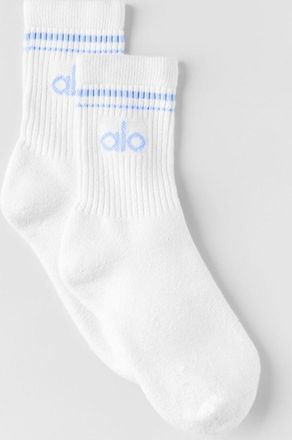 Alo | Half-Crew Throwback Socks in White/Light Provence Blue, Size: Medium