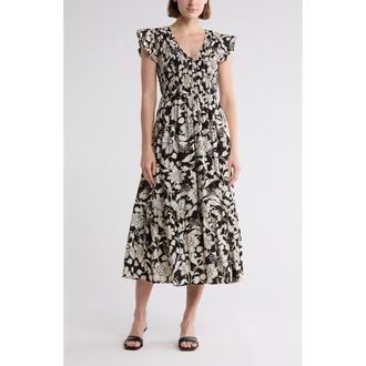 August Sky Floral Cap Sleeve Dress in Black Multi at Nordstrom Rack, Size Medium