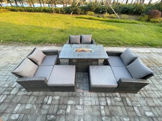 Fimous Rattan Garden Furniture Set Outdoor Lounge Sofa Chair Gas Fire Pit Dining Table Set With 2 Big Footstool Double Seat Sofa Armchiar in Dark Grey