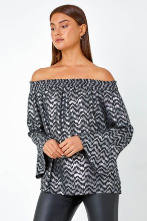 Roman Metallic Zig-Zag Print Bardot Top