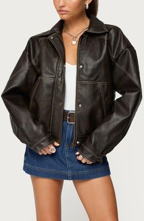 Edikted Jaxson Oversize Faux Leather Jacket in Dark-Brown at Nordstrom, Size X-Large