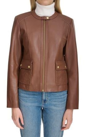 Cole Haan Woven Detail Leather Jacket in Hickory at Nordstrom Rack, Size X-Large