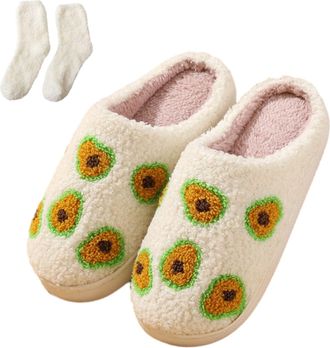 Generic Fruit Embroidery Plush Slippers Women Men, Winter House Slides, Cozy Fuzzy Fluffy Soft Shoes With Socks (Avocado, M, Adult, Women, 9, Numeric Range, U