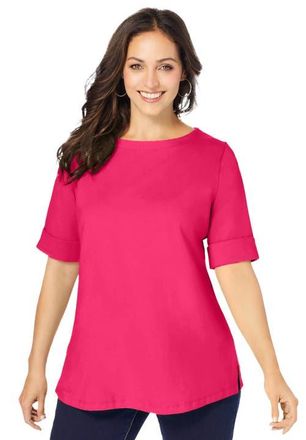 Jessica London Stretch Cotton Cuff Tee in Pink Burst at Nordstrom, Size 12