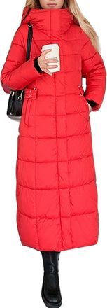 Generic Winter Coats for Women UK Extra Long Puffer Jackets with Hood Warm Lining Padded Jackets Thick Zip-Up Outercoat Windproof Parka with Pockets Red L