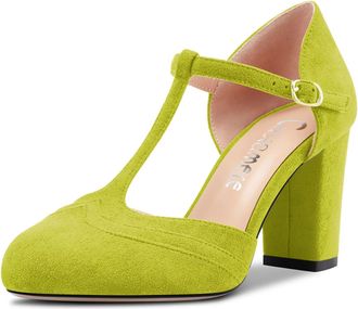 Castamere Women Chunky Block High Heel Round Toe Pumps Court Shoe T-Strap Buckle Wedding Office 8.5 CM Heels Lime Green 4.5 UK