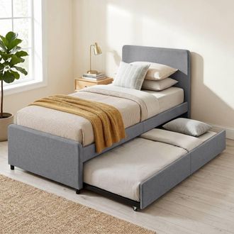 HOMCOM 90 x 190 cm Upholstered Single Bed, Pull Out Trundle Bed in Dark Grey