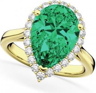 Allurez Pear Cut Halo Emerald & Diamond Engagement Ring 14K Yellow Gold 6.54ct